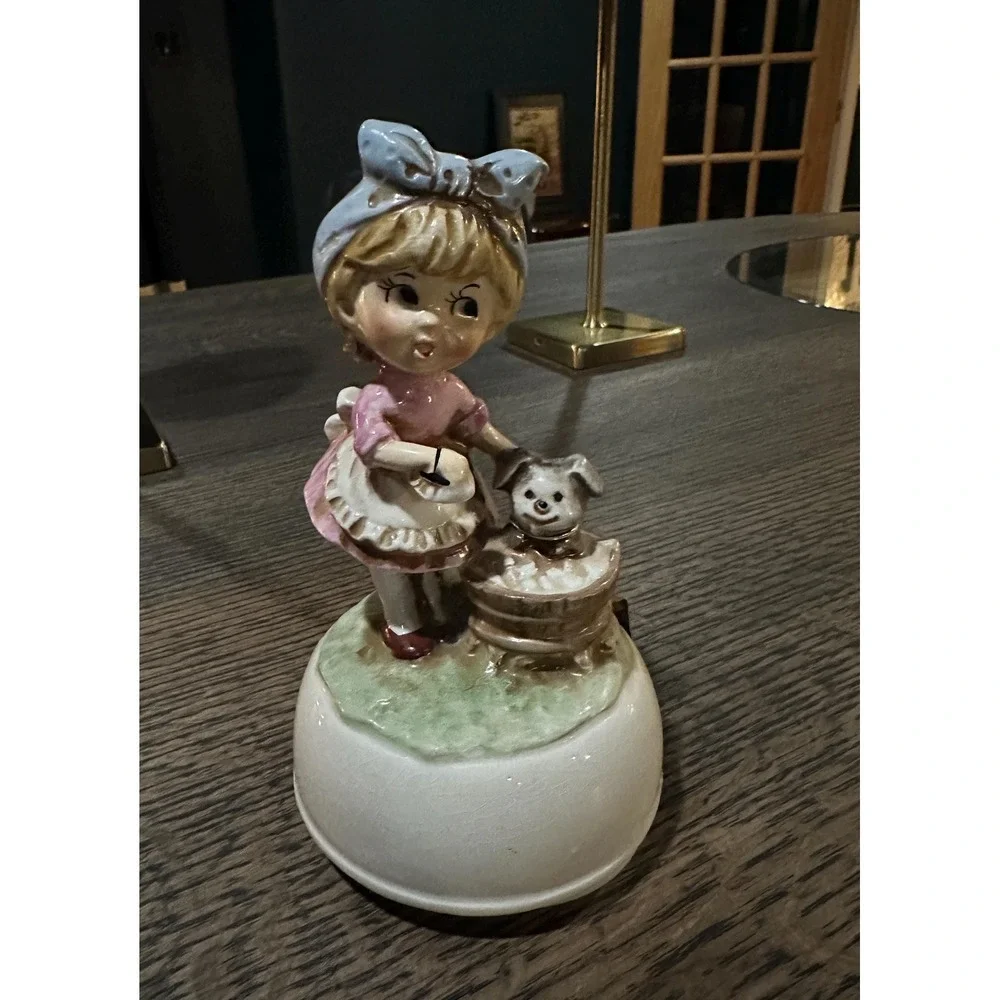 Vintage‎ Schmid Porcelain Music Box: Girl Washing Dog, Plays Both Sides Now